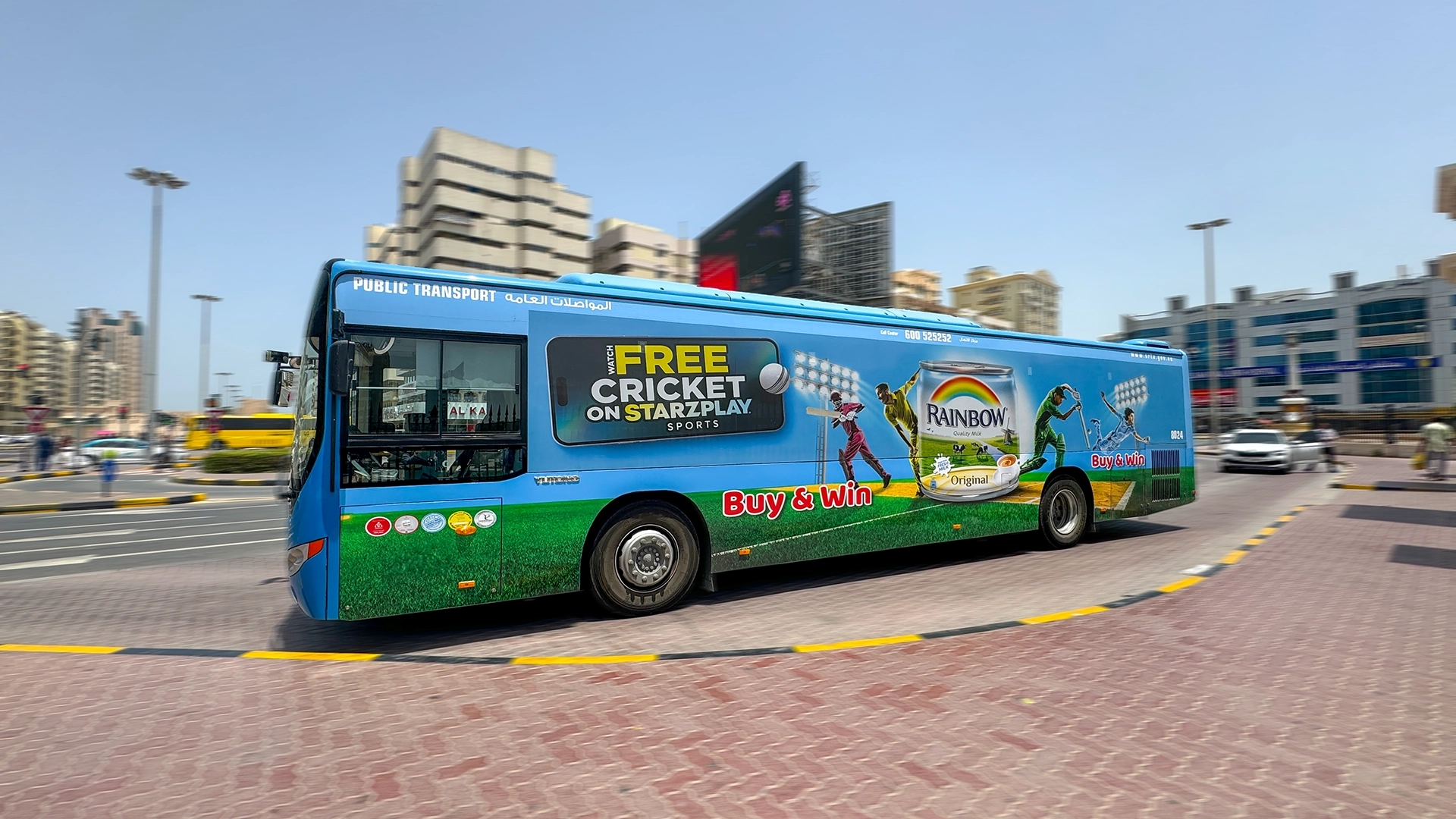 A co-braded bus for Rainbow Condensed Milk and Starzplay appeals to target audiences in the UAE