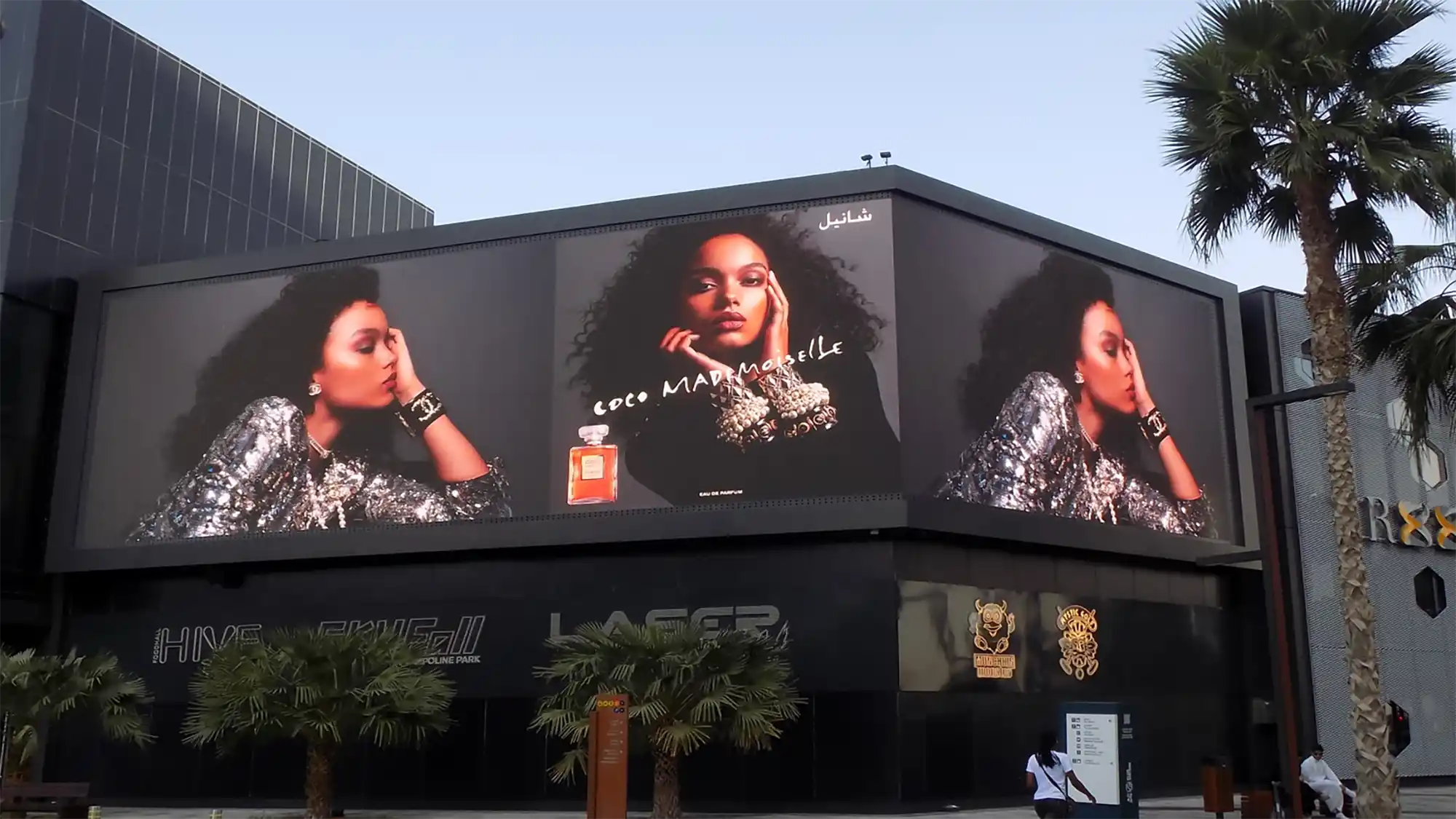 A digital billboard advert on Bluewaters Island for Chanel Coco Mademoiselle