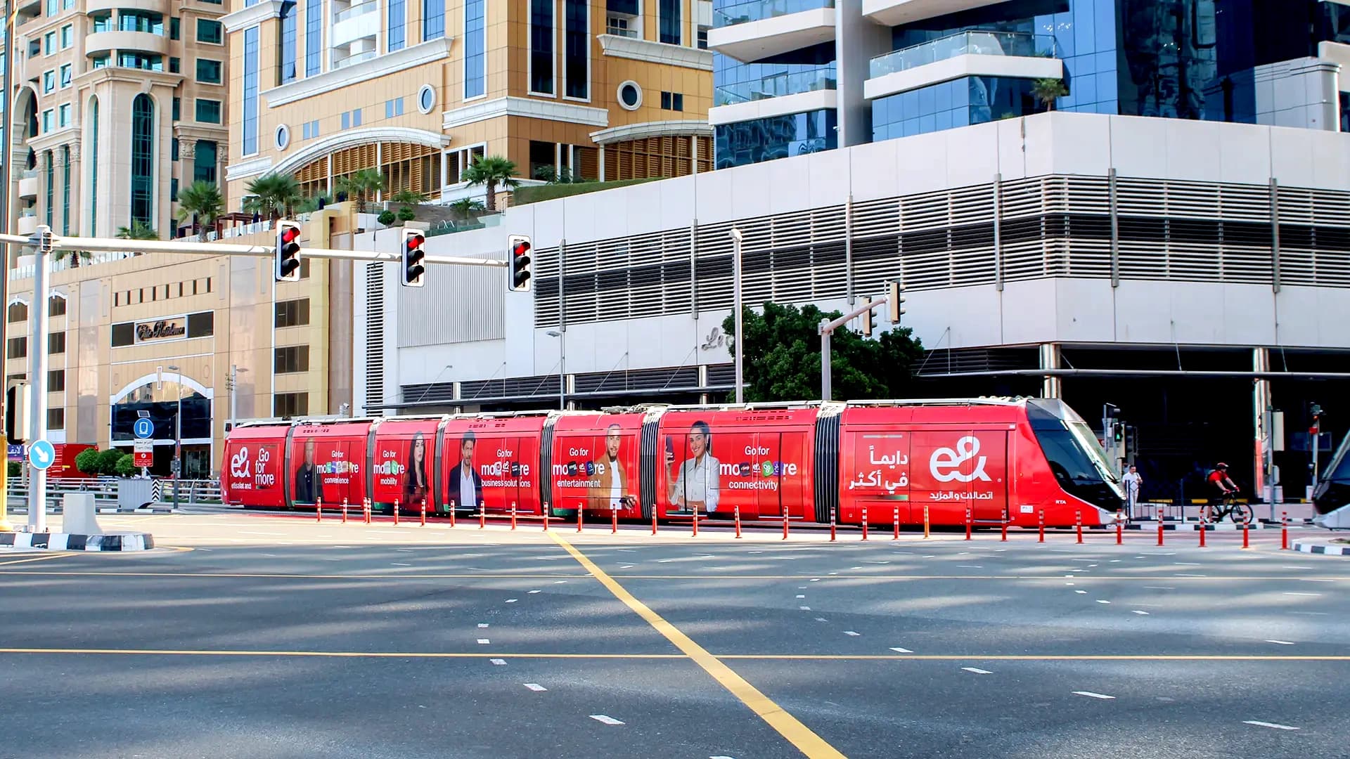 e& branded tram targets tourists in Dubai Marina