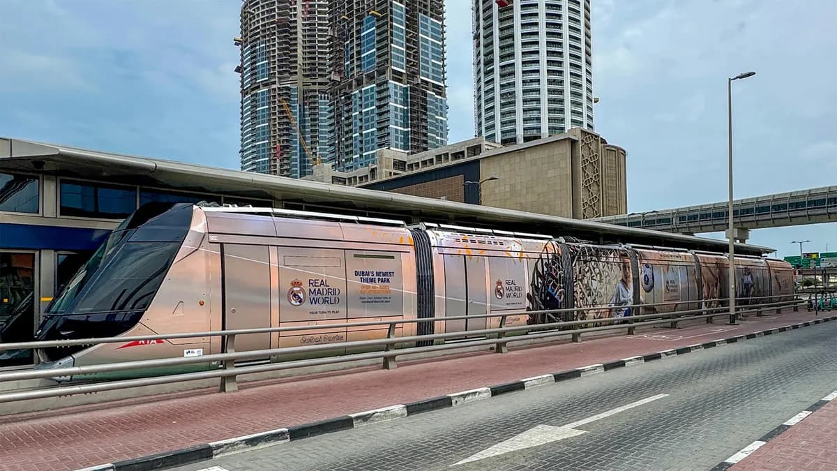 Full Tram Wrap Advertising in Dubai Marina: Real Madrid World’s Winning Campaign