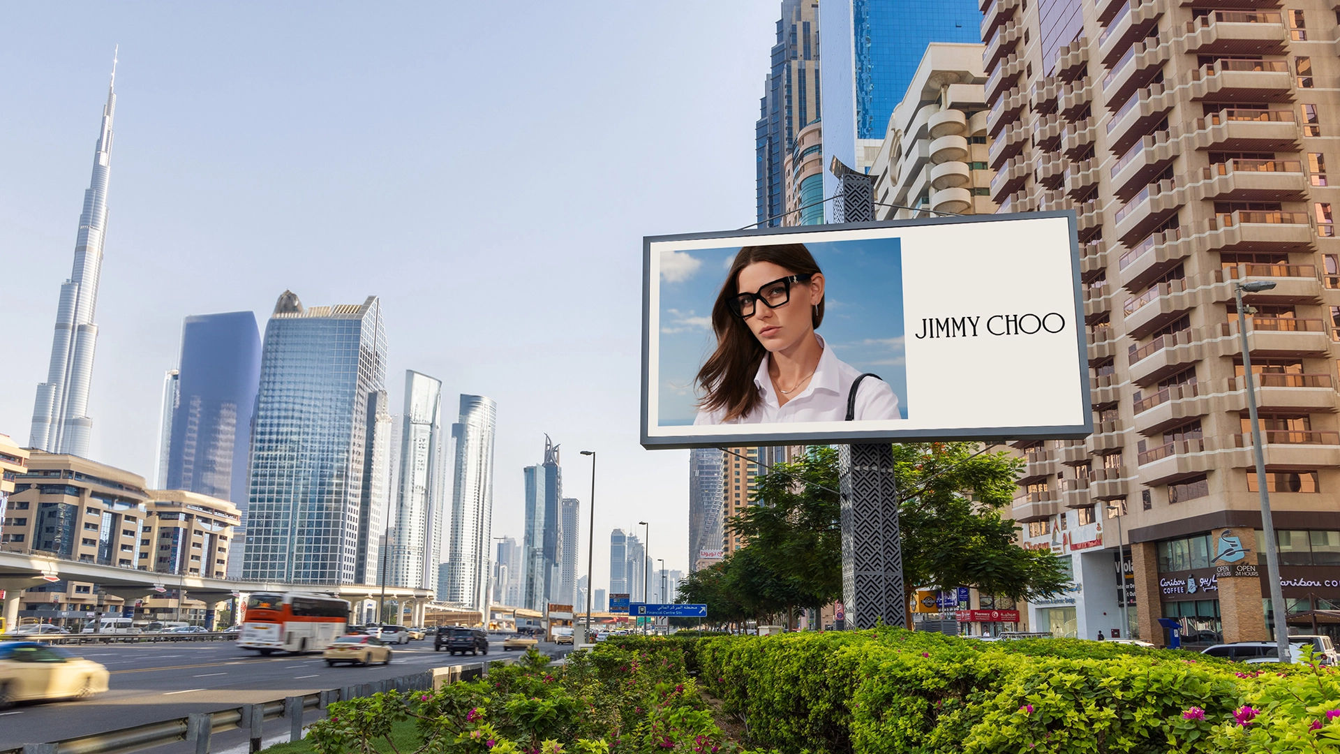 A billboard advert for Jimmy Choo on Sheikh Zayed Road with the Burj Khalifa in the background